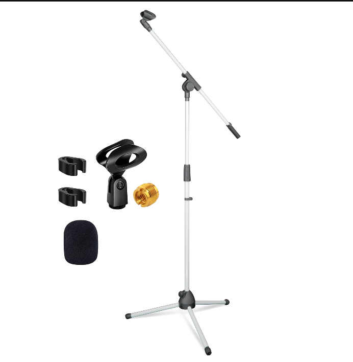 Mic Stand White 1 Piece Collapsible Height Adjustable Up to 6ft Metal Microphone Tripod Stand w Boom Arm Para Microfono for Singing Karaoke Speech Stage Recording - MS 080 WH