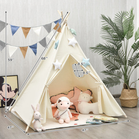 Foldable Kids Canvas Teepee Play Tent - Color: Beige