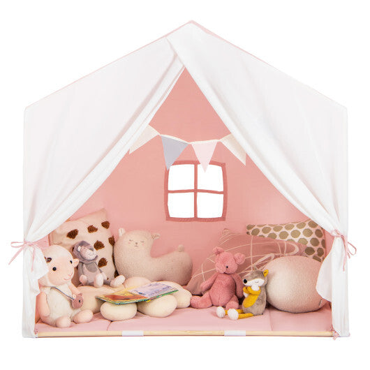 Kid's Play Tent with Washable Cotton Mat and Flag Banner-Pink - Color: Pink