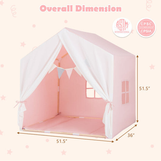 Kid's Play Tent with Washable Cotton Mat and Flag Banner-Pink - Color: Pink