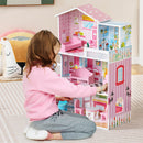 Kids Wooden Dollhouse Playset with 5 Simulated Rooms and 10 Pieces of Furniture-Pink - Color: Pink