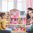 Kids Wooden Dollhouse Playset with 5 Simulated Rooms and 10 Pieces of Furniture-Pink - Color: Pink