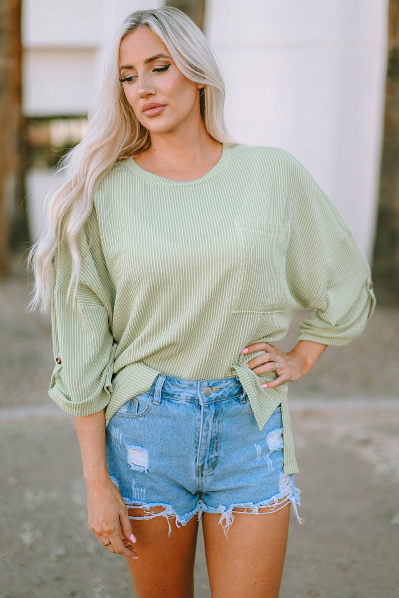 Jade Ribbed Roll-tab Sleeve Chest Pocket Oversize Top-0