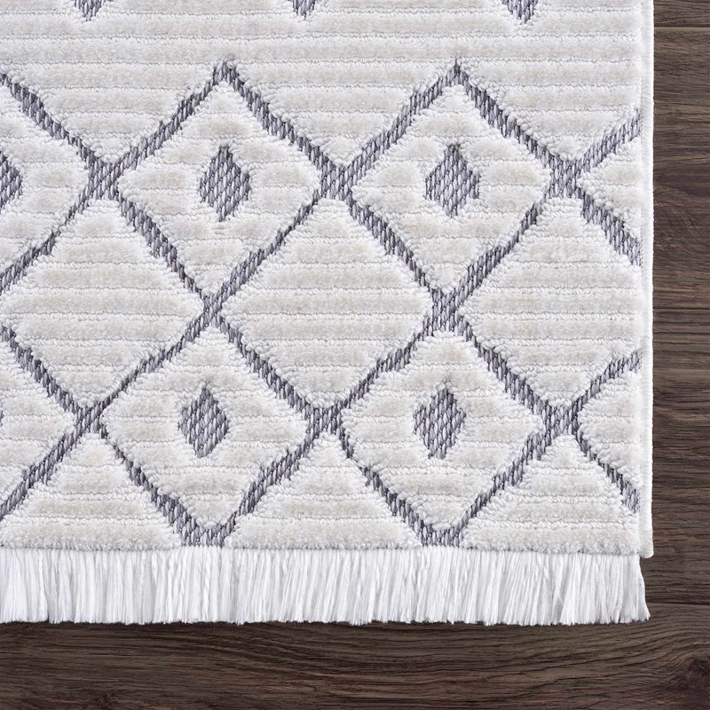 Sample Ivory Gray Beil Textured Trellis Fringe Area Rug-0