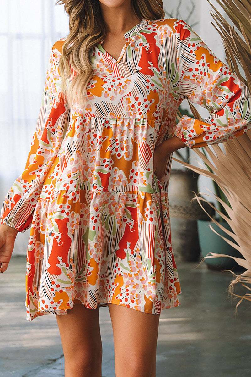 Daniella Split Neck Puff Sleeve Flowy Printed Dress-0