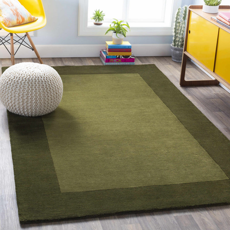 Bordered Solid Olive Green Wool Rug-0