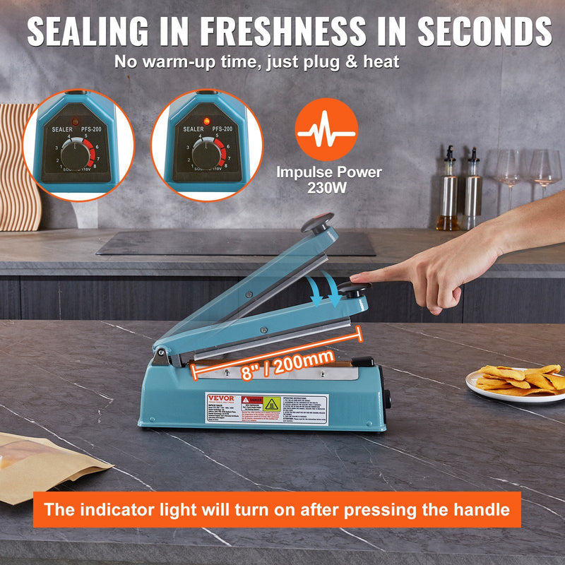 VEVOR Impulse Sealer 8 inch, Manual Heat Seal Machine with Adjustable Heating Mode