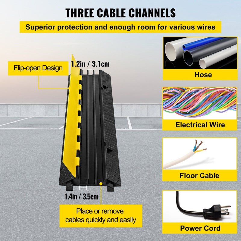 VEVOR 1 Pack of 3-Channel Rubber Cable Protector Ramps Heavy Duty 44000Lbs Load Capacity