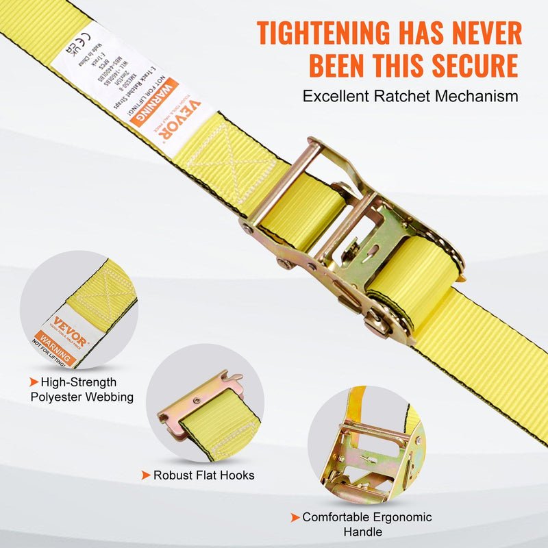 VEVOR Ratchet Tie Down Straps (8PK), 4400 lb Break Strength, E-Track Endless Ratchet with 8 Premium 2" x 15' Rachet Tie Downs