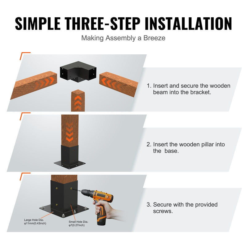 VEVOR Pergola Bracket Kit 4''x4'', 8pcs 3-Way Heavy Duty Corner Bracket Woodworks DIY Post Base Kit