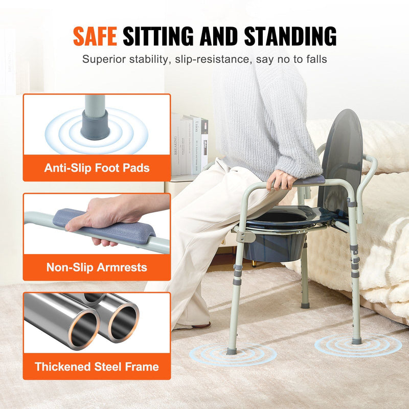 VEVOR Commode Chair, Bedside Commode with Wider Toilet Seat, 7-Level Adjustable Height