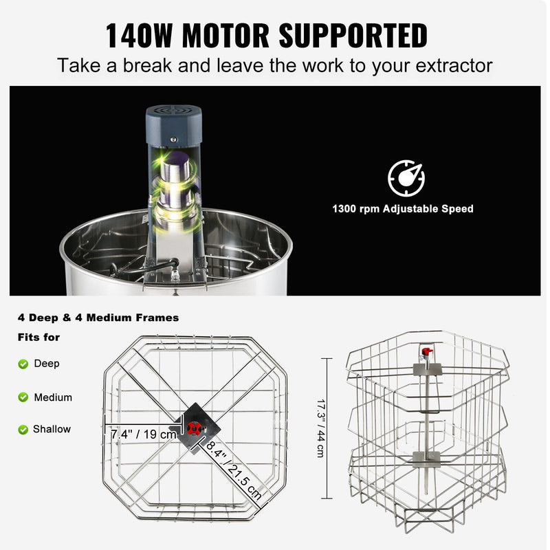 VEVOR Electric Honey Extractor, 4/8 Frames Honey Spinner Extractor, Stainless Steel