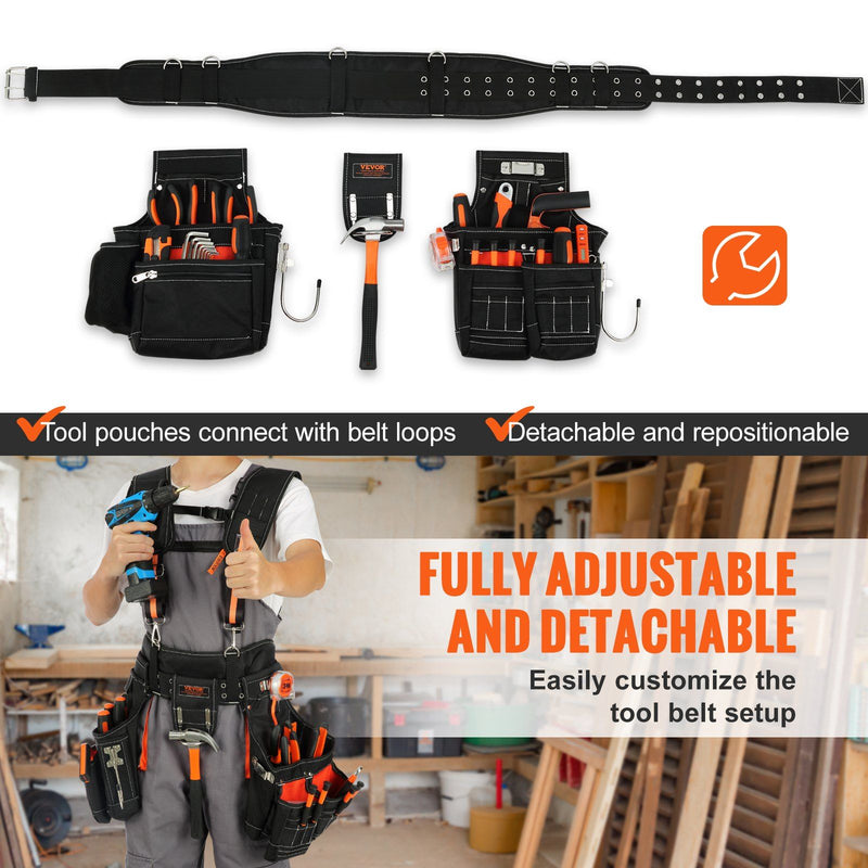 VEVOR Tool Belt with Suspenders 1680D Polyester, 29 Pockets, 29-54 inches Adjustable Waist Size, Tool Belts for Men, Heavy Duty Carpenter Tool Pouch for Carpenters, Electricians, and Gardening, Black