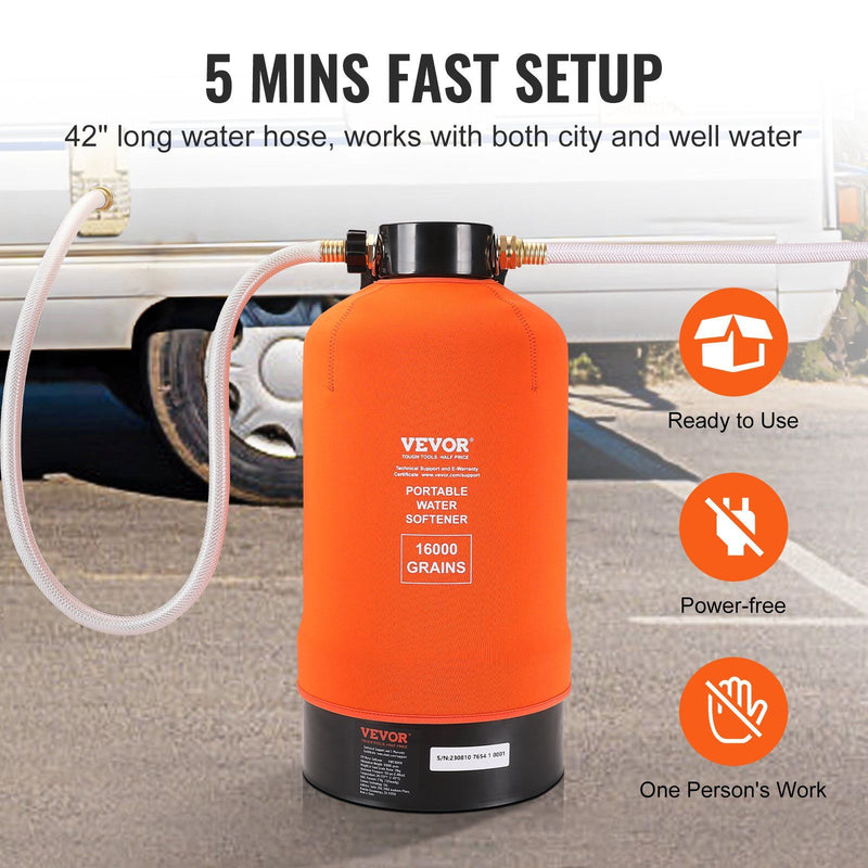 VEVOR RV Water Softener, 16,000 Grain Portable Water Softener, with 3/4" Brass Fittings and 42" Hose
