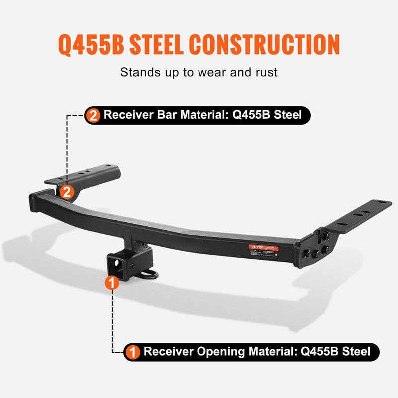 VEVOR Class 3 Trailer Hitch, 2-Inch Receiver, Q455B Steel Tube Frame, Compatible with 2020-2023 Toyota Highlander, Multi-Fit Hitch to Receive Ball Mount, Cargo Carrier, Bike Rack, and Tow Hook, Black