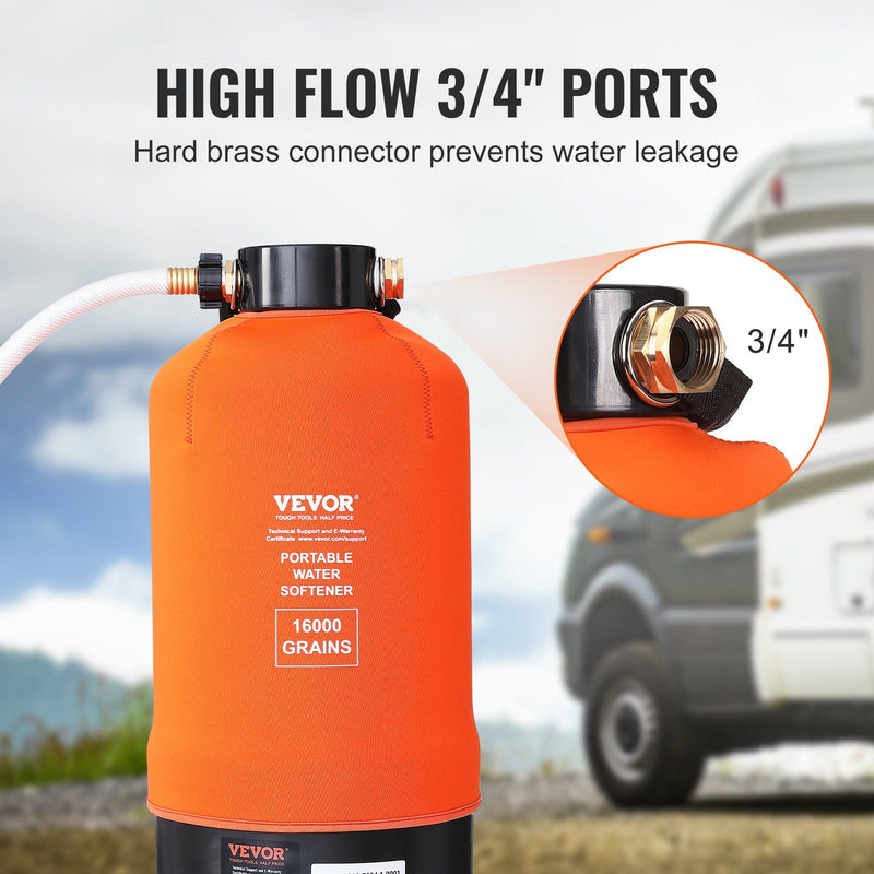 VEVOR RV Water Softener, 16,000 Grain Portable Water Softener, with 3/4" Brass Fittings and 42" Hose