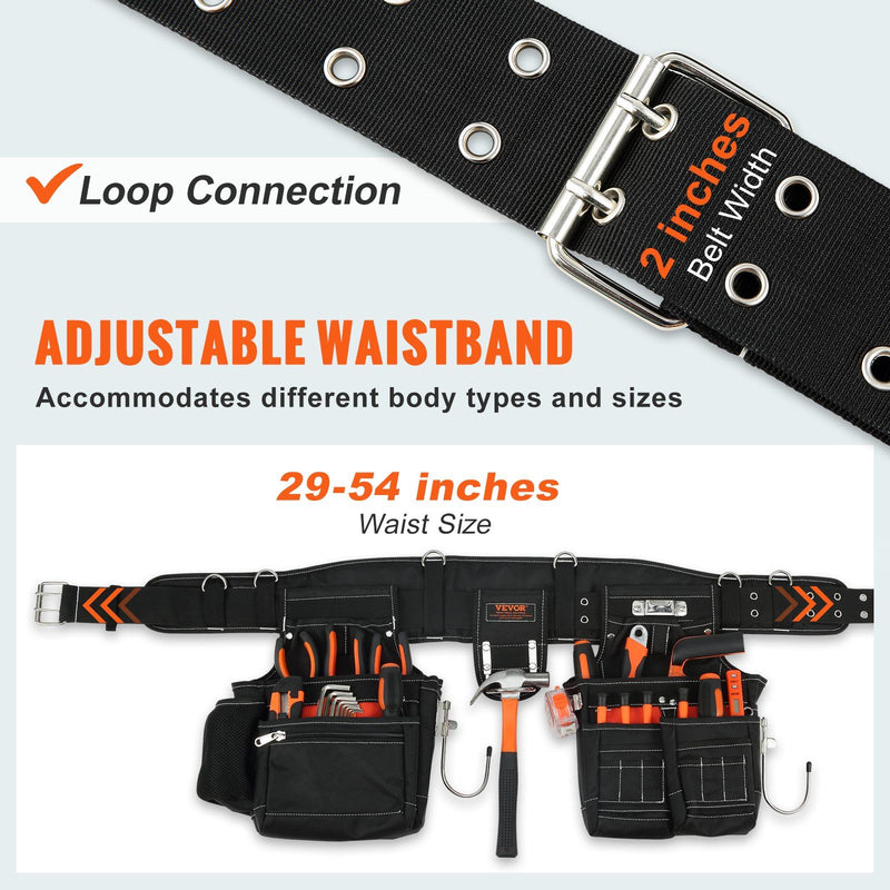 VEVOR Tool Belt with Suspenders 1680D Polyester, 29 Pockets, 29-54 inches Adjustable Waist Size, Tool Belts for Men, Heavy Duty Carpenter Tool Pouch for Carpenters, Electricians, and Gardening, Black