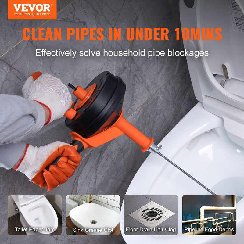 VEVOR Drain Auger 25Ft, Plumbing Snake with Drill Attachment