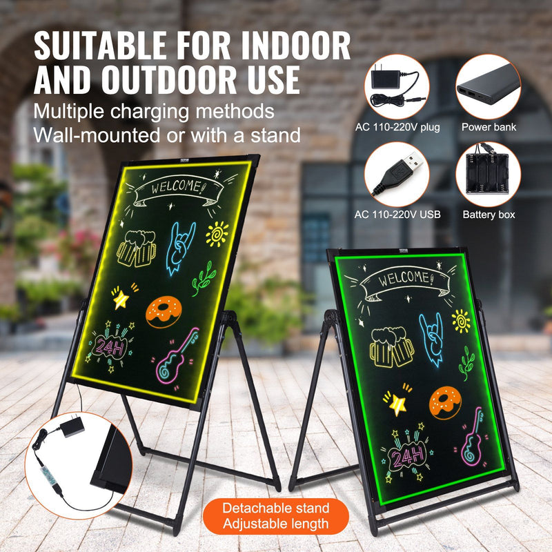 VEVOR LED Message Writing Board, 32"x24" Illuminated Erasable Lighted Chalkboard, Neon Effect