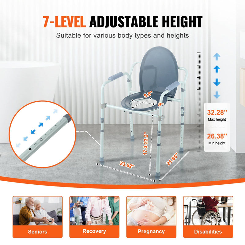 VEVOR Commode Chair, Bedside Commode with Wider Toilet Seat, 7-Level Adjustable Height