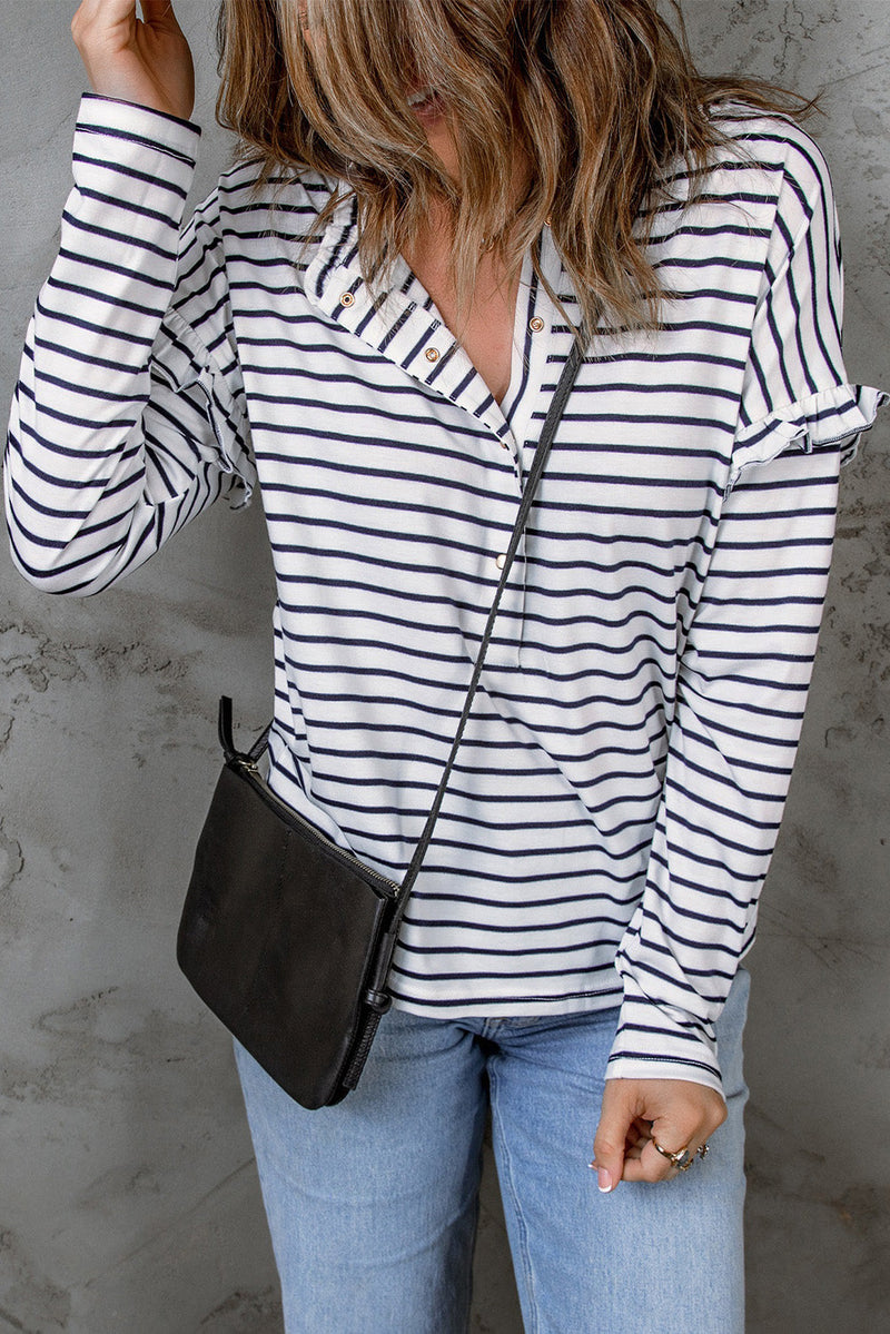 Emryn Striped Ruffled Buttoned Long Sleeve Top-4