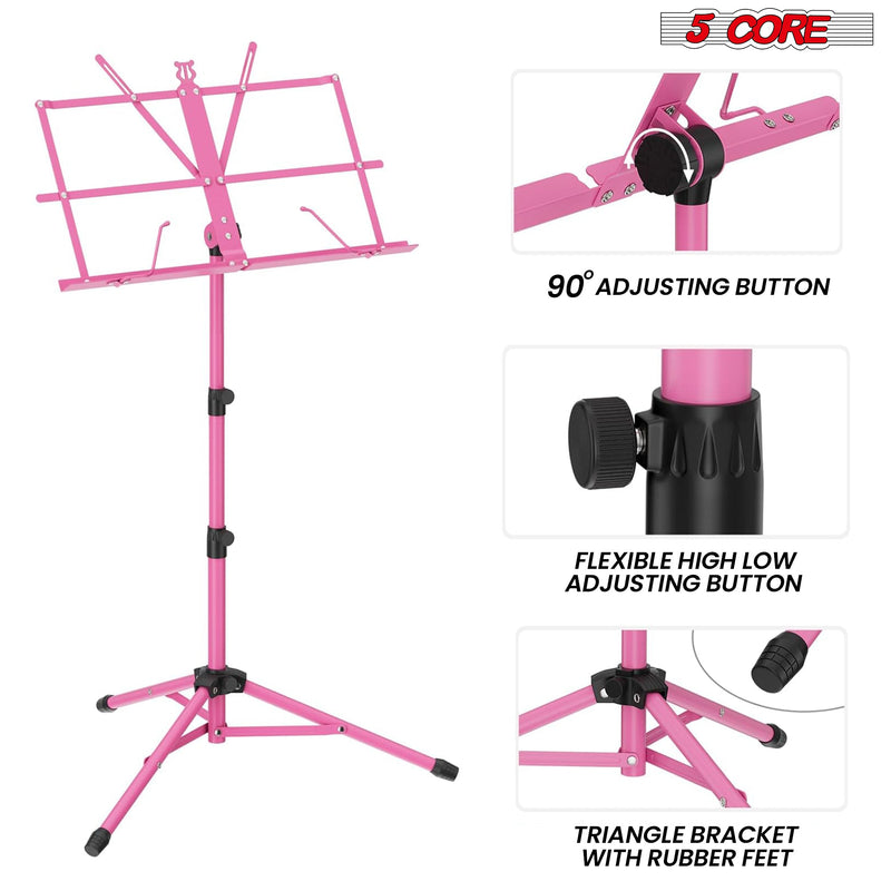 5 Core Music Stand, 2 in 1 Dual-Use Adjustable Folding Sheet Stand Pink / Metal Build Portable Sheet Holder / Carrying Bag, Music Clip and Stand Light Included - MUS FLD PNK-1