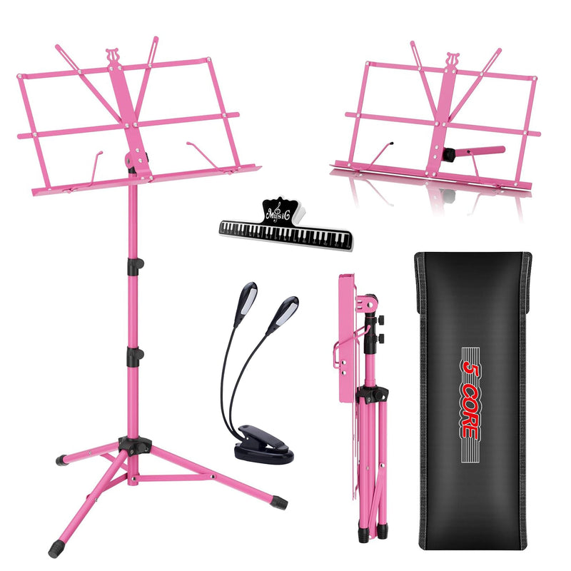 5 Core Music Stand, 2 in 1 Dual-Use Adjustable Folding Sheet Stand Pink / Metal Build Portable Sheet Holder / Carrying Bag, Music Clip and Stand Light Included - MUS FLD PNK-0