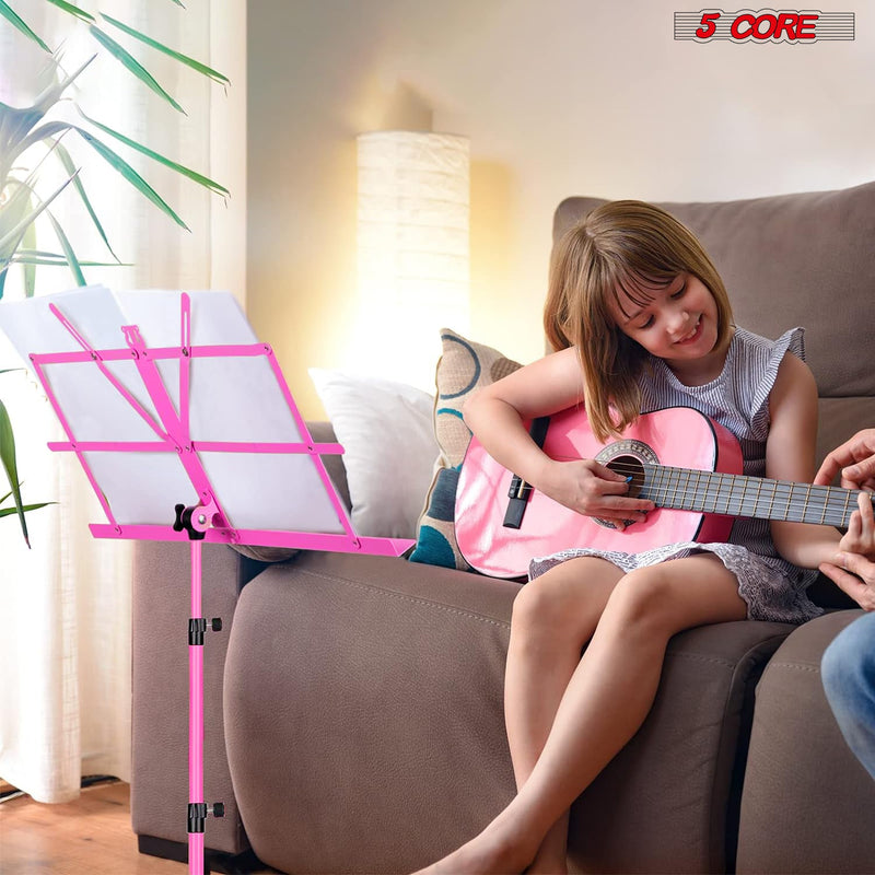 5 Core Music Stand, 2 in 1 Dual-Use Adjustable Folding Sheet Stand Pink / Metal Build Portable Sheet Holder / Carrying Bag, Music Clip and Stand Light Included - MUS FLD PNK-18