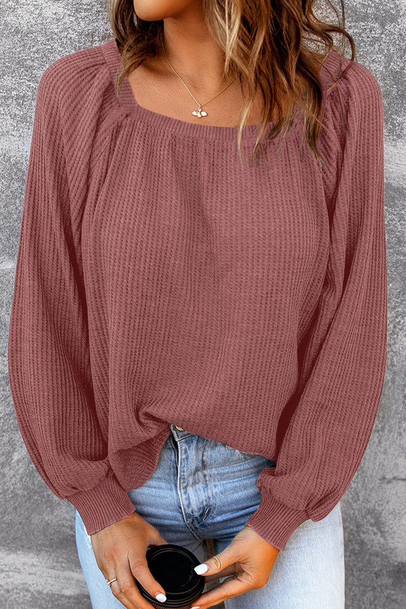 Hallie Square Neck Puff Sleeve Waffle Knit Top-4