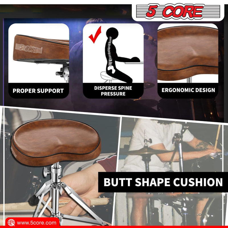 5 Core Drum Throne Thick Padded Comfortable Guitar Stool with Memory Foam Heavy Duty Adjustable Padded Keyboard Chair Metal Piano Stool Premium Musician Chair Brown - DS CH BR SDL HD-8