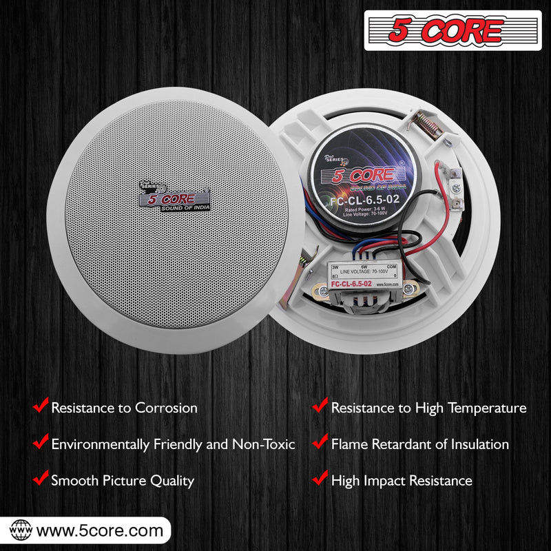 5 Core 6.5 Inch Ceiling Speaker System in Wall Speakers 20W Rated Power 88dB Sensitivity Indoor Outdoor Speakers Ceiling Mount -CL 6.5-12 2W-4