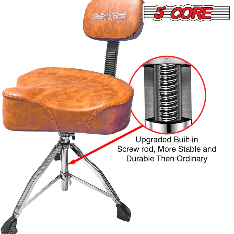 5 Core Drum Throne with Back Support Brown| Premium Height Adjustable Padded Drum Stool| Portable Drummer Throne with Anti-Slip Feet & Back rest| with two Drumsticks- DS CH BR REST-12