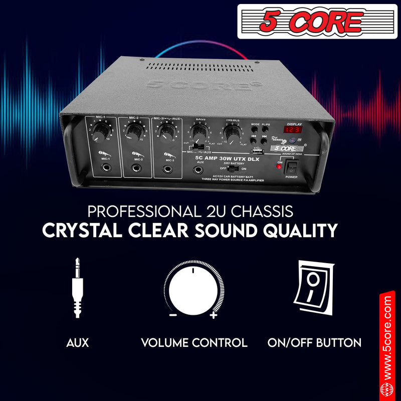 5 Core Stereo Amplifier 30W Upgraded Karaoke Amp with Microphone Inputs 2 Channel PA Speaker Audio Amplifier Outdoor and Home -AMP 30W-UTX-DLX-8