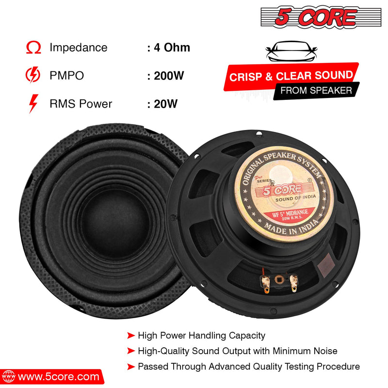 5 Core 5 Inch Subwoofer Car Speaker 20W RMS Mid Range DJ Sub Woofer 4 Ohm Premium Magnet Raw Replacement Stereo Subwoofers - CS-05 MR Pair-9