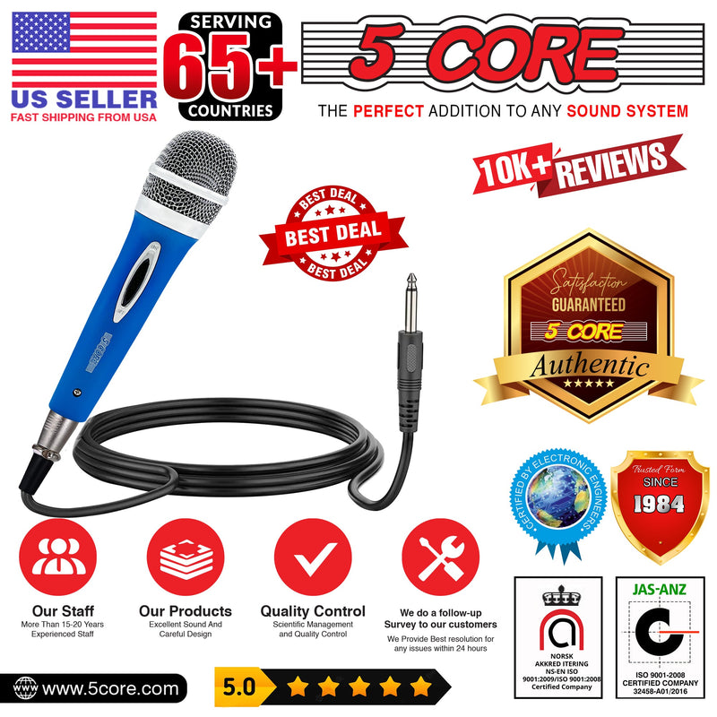 5 CORE Premium Vocal Dynamic Cardioid Handheld Microphone Unidirectional Mic with 12ft Detachable XLR Cable to inch Audio Jack and On/Off Switch for Karaoke Singing (Blue) PM 286 BLU-10