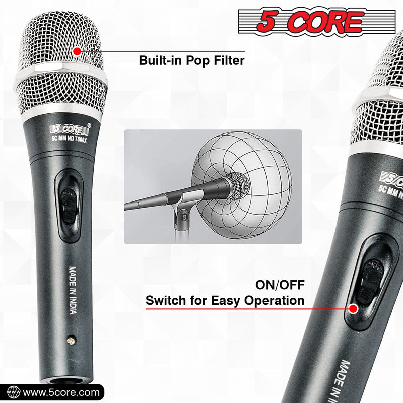 5 Core Microphone Professional Dynamic Karaoke XLR Wired Mic w ON/OFF Switch Pop Filter Cardioid Unidirectional Pickup Handheld Micrófono -ND-7800X-7