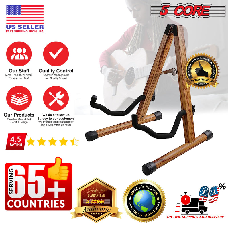 5 Core Wood Guitar Stand/ Acoustic Electric Wooden Guitar Floor Stand/ Universal A-Frame Folding Guitar Holder Adjustable for Bass, Cello, Mandolin, Banjo, Ukulele- GSS WD-11
