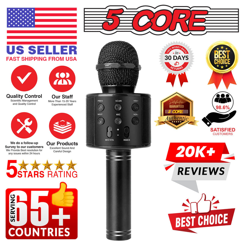 5 Core Bluetooth Wireless Karaoke Microphone, All-in-One Premium Handheld Karaoke Mic Speaker Recorder Player w/ Adjustable Remix FM Radio Great Gifts for Girls Boys Adults All Age (Black)- WM SPK BLK-12