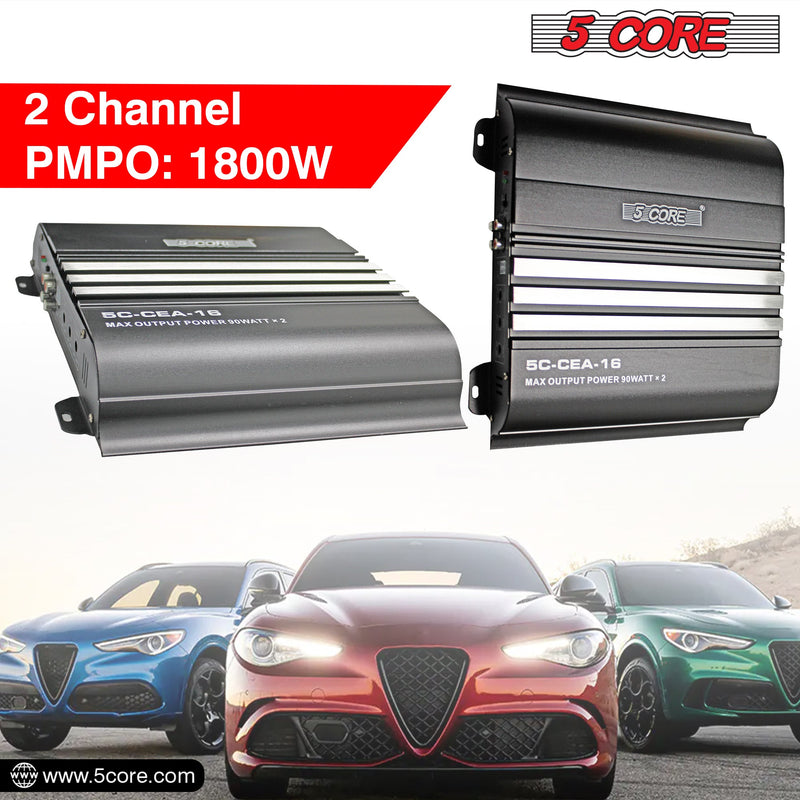 5 Core Car Amplifier 1800W Dual Channel Amplifiers Car Audio w MOSFET Power Supply Premium Amp with EQ Control Compact Car Audio System -CEA-16-9