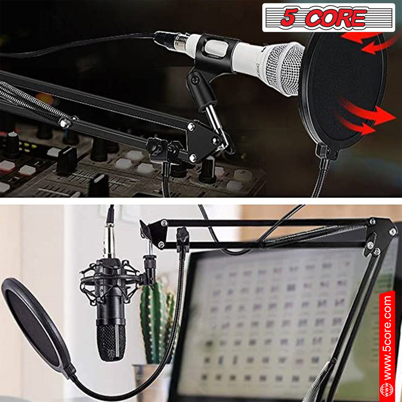 5 Core Microphone Stand Adjustable Suspension Boom Scissor Arm Mic Stand with 3/8/''to 5/8/'' Screw Adapter Includes Dual Layer Pop Filter - RM STND 2-9