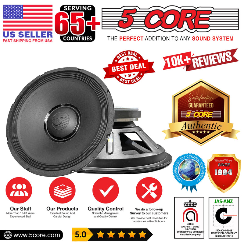 5 CORE 15 Inch Subwoofer Speaker 2200W Peak High Power Handling 250W RMS 15" Replacement 8 Ohm Pro Audio DJ Sub Woofer w/ CCAW Voice Coil Steel Frame 90oz Magnet - 15-185 MS 250W-19