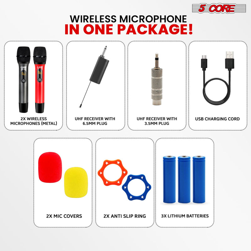 5 Core Wireless Microphones 210ft Range UHF Dual Karaoke Mic Cardioid Pickup Rechargeable Receiver Cordless Microfono Inalambrico Red & Gray - WM UHF 02-RED+GRAY-12