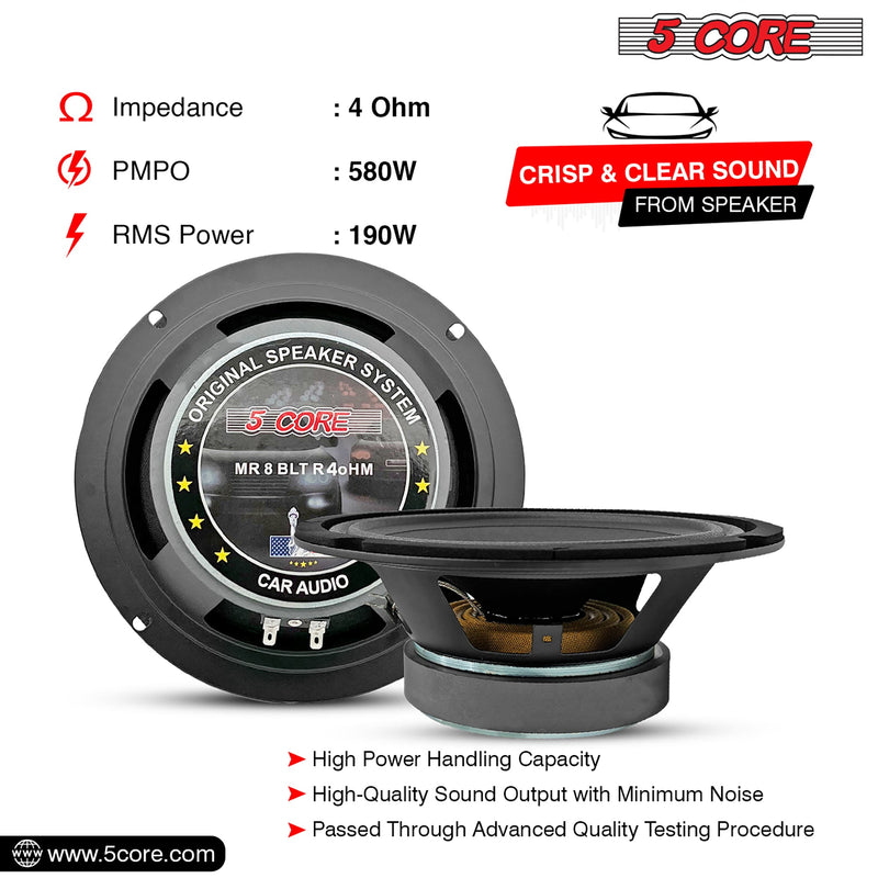 5 Core Car Speakers 8 Inch 580W PMPO 4 Ohm Midrange Speakers Built in Super Bullet Tweeters PRO Car Audio Subwoofer - MR 8 BLT R 4oHM-10