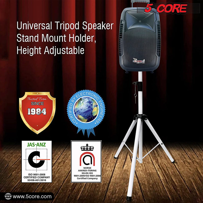5 Core Speakers Stands 1 Piece White Heavy Duty Height Adjustable Tripod PA Speaker Stand For Large Speakers DJ Stand Para Bocinas Includes Carry Bag- SS HD 1 PK WH BAG-11