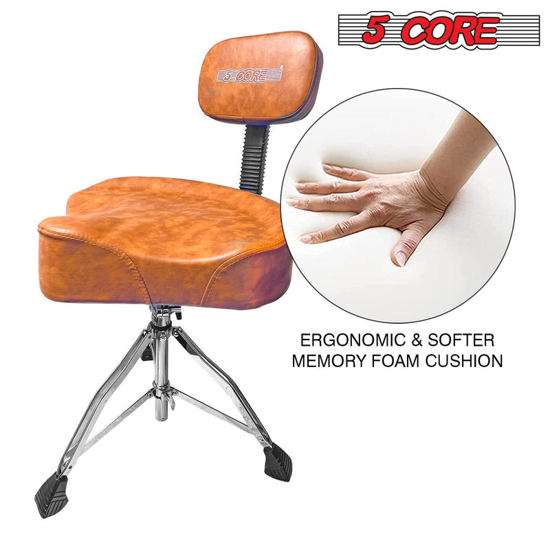 5 Core Drum Throne with Back Support Brown| Premium Height Adjustable Padded Drum Stool| Portable Drummer Throne with Anti-Slip Feet & Back rest| with two Drumsticks- DS CH BR REST-13