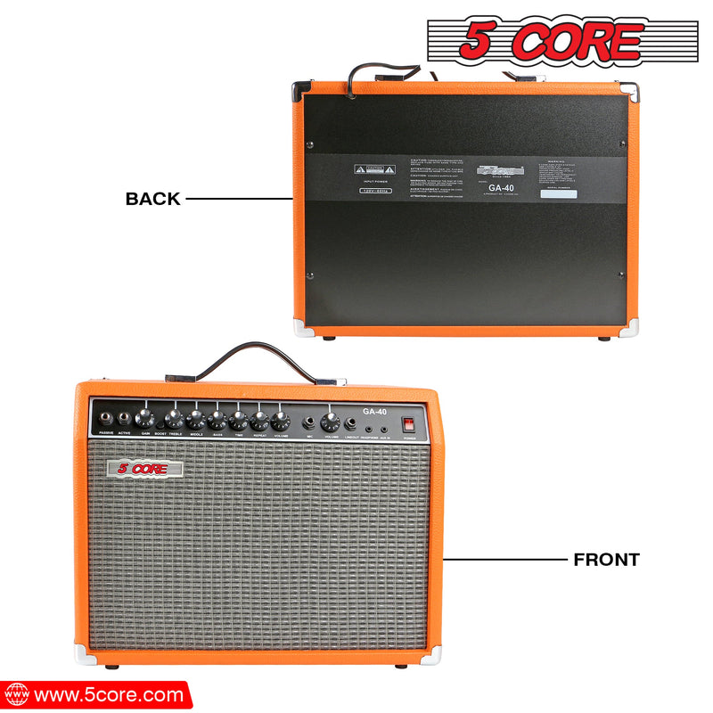 5 Core Guitar Amplifier Mini Bass Electric Guitar Amp 40W Portable Acoustic  Guitar Amp w Aux Input Volume Bass Treble Control -GA 40 ORG-2