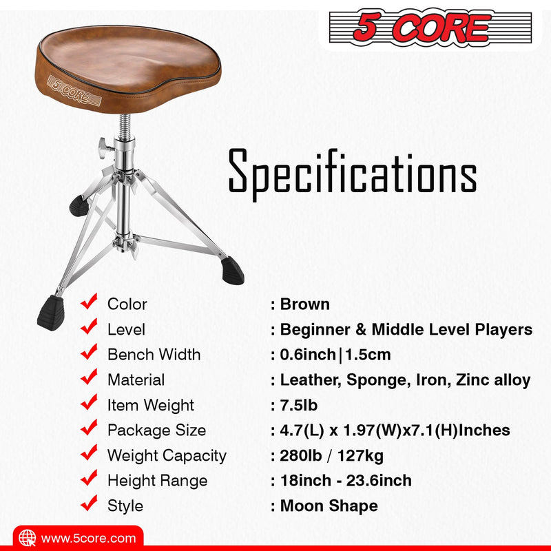 5 Core Drum Throne Thick Padded Comfortable Guitar Stool with Memory Foam Heavy Duty Adjustable Padded Keyboard Chair Metal Piano Stool Premium Musician Chair Brown - DS CH BR SDL HD-9