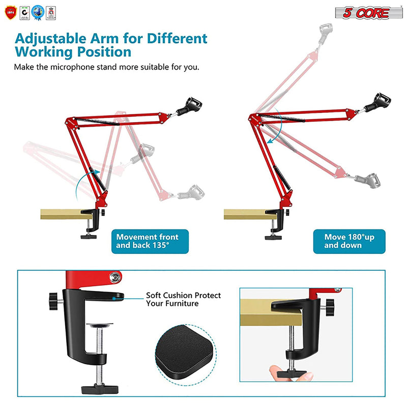 5 Core Microphone Arm Desk Mic Holder Stand Red Adjustable Microphone Arm Desk Mount 360° Rotatable And Foldable Scissor Mounting -MS ARM R-9