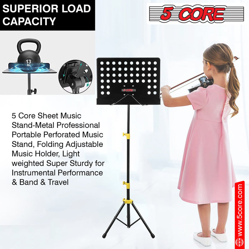 5 Core Sheet Music Stand Professional Folding Adjustable Portable Orchestra Music Sheet Stands, Heavy Duty Super Sturdy MUS YLW-10
