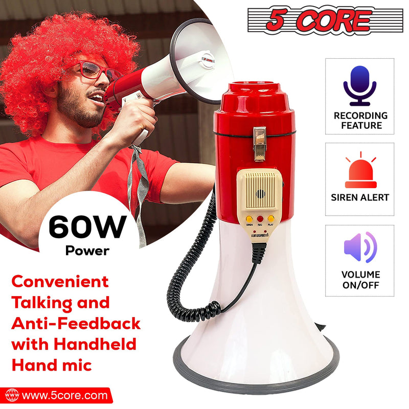5 Core Megaphone Bull Horn 60W Loud Siren Noise Maker Professional Bullhorn Speaker Rechargeable w Handheld Mic Recording USB SD Card Adjustable Volume for Sports Speeches Events Emergencies -77SF-2